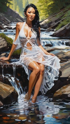 girl on the river,water nymph,flowing water,the blonde in the river,naiad,world digital painting,water flowing,streamside,oil painting,photo painting,mountain stream,oil painting on canvas,waterfall,waterflow,polynesian girl,flowing creek,digital painting,fantasy art,water flow,rushing water,Conceptual Art,Oil color,Oil Color 08