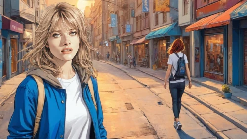 girl walking away,rotoscoping,world digital painting,rotoscope,freewheelin,beale,rotoscoped,photo painting,carnaby,woman walking,freewheelers,donsky,girl in a long,jervis,weatherfield,shopgirl,jasinski,background image,zemiro,creative background