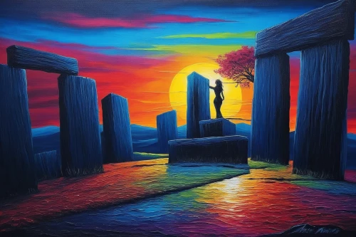oil painting on canvas,art painting,rainbow bridge,megalithic,fantasy picture,stonehenge,chalk drawing,fantasy art,oil painting,pandorica,romantic scene,henge,stone gate,siggeir,oil pastels,dream art,colored pencil background,standing stones,oil on canvas,3d fantasy,Illustration,Realistic Fantasy,Realistic Fantasy 25