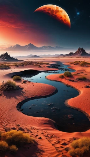 desert landscape,desert desert landscape,dune landscape,lunar landscape,barsoom,red planet,alien planet,moon valley,capture desert,libyan desert,dune sea,red sand,moonscape,deserto,arrakis,arid landscape,desert planet,valley of the moon,alien world,desert background,Illustration,Abstract Fantasy,Abstract Fantasy 05