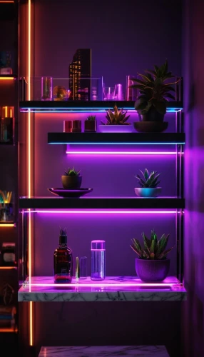 neon coffee,shelves,neon cocktails,neon drinks,aesthetic,ambient lights,an apartment,neon tea,terrarium,vivarium,80's design,cubes,3d background,synth,neon lights,apartment,neon light,house plants,neon,colored lights,Conceptual Art,Sci-Fi,Sci-Fi 26