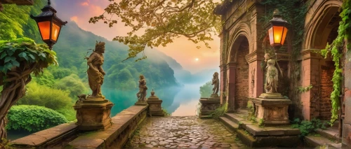 fantasy landscape,fantasy picture,rivendell,landscape background,cartoon video game background,the mystical path,fantasy art,3d fantasy,world digital painting,lake como,windows wallpaper,nature background,home landscape,beautiful landscape,fairy village,3d background,travel destination,the threshold of the house,nature wallpaper,background with stones,Conceptual Art,Oil color,Oil Color 23