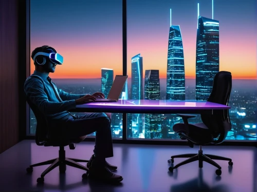 cyberpunk,modern office,telepresence,neon human resources,cybercity,man with a computer,cybertrader,virtual world,blur office background,cyberview,futurists,virtual reality headset,cyberscene,computer room,cyberport,futuristic,megacorporation,virtual landscape,ceo,ralcorp,Illustration,Vector,Vector 11