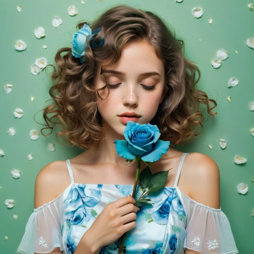 beautiful girl with flowers,girl in flowers,blue floral,blue rose,blue flowers,blue daisies,retro flowers,floral background,flower background,holding flowers,blue butterfly background,vintage flowers,blue flower,vintage floral,blue petals,blue hydrangea,with roses,daisy flowers,floral,blu flower,Illustration,Paper based,Paper Based 19