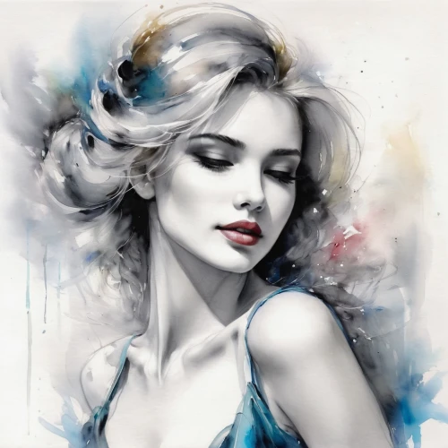 vanderhorst,watercolor pin up,watercolor blue,watercolor paint strokes,airbrush,aquarelle,art painting,blue rose,watercolor painting,behenna,blue painting,loboda,photo painting,peinture,watercolor,boho art style,airbrushing,watercolor pencils,world digital painting,etty,Illustration,Paper based,Paper Based 11