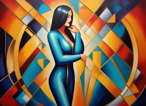 art deco woman,demoiselles,lempicka,lichenstein,dubbeldam,praying woman,metzinger,tretchikoff,wadjet,harp player,indigenous painting,paschke,woman sitting,art deco,celtic harp,the annunciation,woman thinking,geometric body,glass painting,oil on canvas,Illustration,Vector,Vector 16