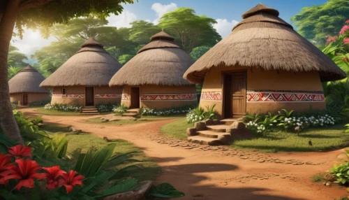 ecovillages,auriongold,bungalows,polynesians,traditional house,ecovillage,polynesia,thatch umbrellas,huts,polyneices,polynesian,cabanas,thatch roof,biomes,scandia gnomes,roundhouses,knight village,cartoon video game background,lodges,wooden houses,Illustration,Black and White,Black and White 03
