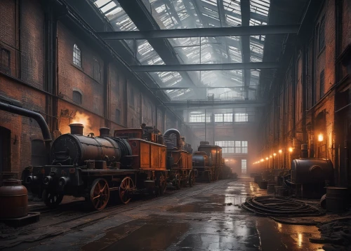 carreau,trainshed,steam locomotives,locomotive shed,industrial hall,dishonored,fabrik,cryengine,factory hall,steam power,freight depot,ghost locomotive,steam,leadenhall,the train,train depot,hogwarts express,locomotive roundhouse,steam train,depot,Conceptual Art,Fantasy,Fantasy 11