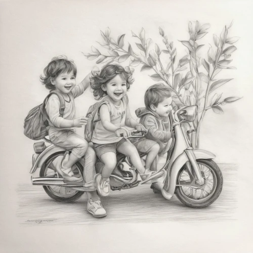 family motorcycle,bike kids,kids illustration,children drawing,motorbike,tricycle,pencil drawing,tandem bike,mopeds,quadro,tricycles,pencil drawings,motorcycle,trishaw,trikes,motorbikes,motorcycles,bikes,bikers,charcoal drawing,Illustration,Black and White,Black and White 30