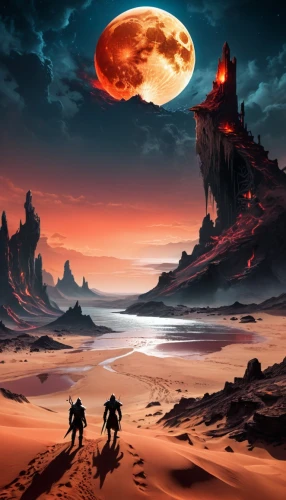 barsoom,lunar landscape,alien planet,moonscape,red planet,volcanic landscape,badland,fantasy landscape,arrakis,alien world,futuristic landscape,moon valley,fantasy picture,valley of the moon,dune landscape,cydonia,fire planet,primordia,desert landscape,scorched earth,Illustration,Realistic Fantasy,Realistic Fantasy 46