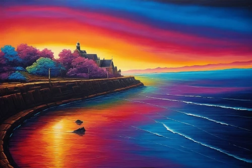 coastal landscape,sea landscape,purple landscape,coast sunset,splendid colors,seascape,beach landscape,landscape with sea,intense colours,landscape background,fantasy landscape,dubbeldam,colorful light,art painting,colorful background,beautiful landscape,lighthouses,lighthouse,dmitriev,fantasy picture,Illustration,Realistic Fantasy,Realistic Fantasy 25