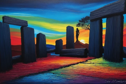 rainbow bridge,oil pastels,stonehenge,standing stones,luminarias,rock painting,art painting,oil painting on canvas,light paint,chalk drawing,henge,landscape background,abstract painting,background with stones,megalithic,colorful light,oil painting,abstract rainbow,indigenous painting,colored pencil background,Illustration,Realistic Fantasy,Realistic Fantasy 25