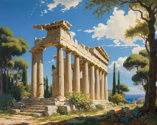 greek temple,temple of diana,artemis temple,roman temple,acropolis,temple of hercules,panagora,ephesus,apolloni,caesonia,erechtheus,the ancient world,delphi,doric columns,apollonia,roman columns,metapontum,akropolis,celsus library,herakleion,Art,Classical Oil Painting,Classical Oil Painting 15