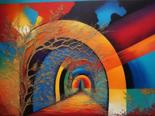 rainbow bridge,wall tunnel,tunnel,archway,tunel,underpass,tunneling,oil painting on canvas,tunnels,passage,arches raven,the mystical path,dubbeldam,colorful tree of life,railway tunnel,art painting,passageway,el arco,abstract painting,bridge arch,Illustration,Vector,Vector 16