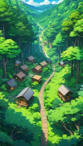 forest path,wooden path,forest,forest background,green forest,forests,forest landscape,forest road,hiking path,mountain village,cartoon forest,forestalls,japan landscape,studio ghibli,ghibli,forest ground,the forests,landscape background,the forest,tsuga,Illustration,Japanese style,Japanese Style 03