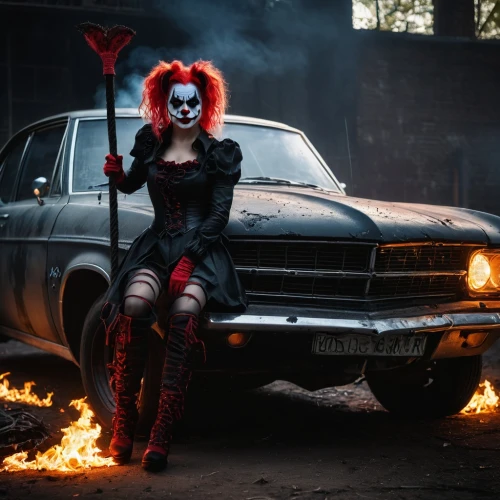 pennywise,harley quinn,old halloween car,harley,halloween car,demona,villainess,witch driving a car,bedevil,cosplay image,fire devil,horror clown,anabelle,rodiles,abaddon,batwoman,lucille,pagliacci,halloween truck,girl and car,Photography,General,Fantasy