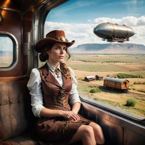 airship,airships,dirigible,railwayman,steampunk,railway carriage,railtours,dirigibles,train ride,humphreville,airstream,aerostat,train compartment,travel woman,train car,liesel,spaceliner,eurostar,suitcase in field,countrywoman,Photography,General,Cinematic