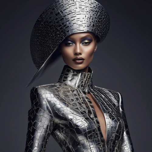 dirie,chainmail,metallic feel,afrofuturism,foiling,metallic,milliner,nefertiti,rankin,millinery,foils,metallics,editorials,mugler,ororo,headpiece,the hat of the woman,chain mail,demarchelier,derivable,Photography,Fashion Photography,Fashion Photography 01