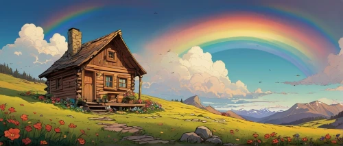 little house,lonely house,home landscape,dreamhouse,house in mountains,fairy house,house in the mountains,small house,log home,the cabin in the mountains,summer cottage,beautiful home,small cabin,witch's house,cottage,rainbow background,wooden house,pot of gold background,cartoon video game background,house painting,Illustration,Children,Children 04