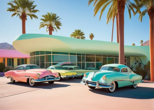 drive in restaurant,car dealership,retro diner,car hop,dealership,car showroom,garages,autopia,holiday motel,midcentury,auto repair shop,dealerships,classic car and palm trees,fifties,car dealer,car boutique,retro automobile,classic cars,american classic cars,vintage cars,Illustration,Retro,Retro 07