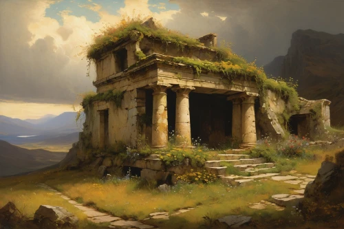 ancient house,ancient city,ancient buildings,ancient ruins,fantasy landscape,ancient,the ancient world,ruins,ancients,mausoleum ruins,the ruins of the,greek temple,seregil,ancient civilization,fantasy picture,mountain settlement,ruin,ancient building,world digital painting,artemis temple,Art,Classical Oil Painting,Classical Oil Painting 44