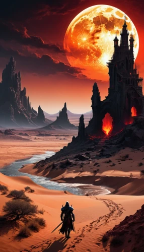 barsoom,arrakis,lunar landscape,scorched earth,fantasy landscape,fantasy picture,castlevania,dune landscape,volcanic landscape,cartoon video game background,post-apocalyptic landscape,red planet,primordia,wastelands,desert landscape,wasteland,moonscape,desert background,deadlands,fire planet,Illustration,Realistic Fantasy,Realistic Fantasy 46