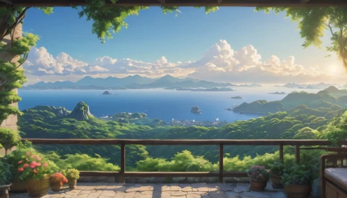 ghibli,ocean view,studio ghibli,idyllic,landscape background,oceanview,paradis,summer background,bougainvilleans,cartoon video game background,windows wallpaper,cliffside,overlook,background design,seclude,beautiful wallpaper,background screen,panoramic landscape,paradisus,sylvania,Photography,General,Natural