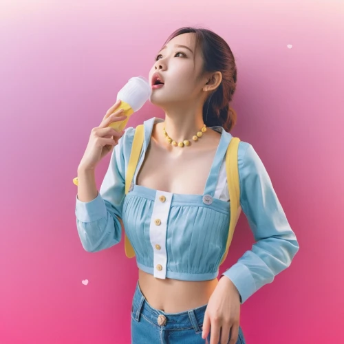 woman with ice-cream,popsicle,icepop,ice pop,pastel wallpaper,woman eating apple,bubble gum,ice cream on stick,lollipop,ice popsicle,popsicles,cotton candy,bubblegum,lemon background,ice cream,ice creams,denim background,soft ice cream,neon ice cream,pink ice cream,Illustration,Realistic Fantasy,Realistic Fantasy 27