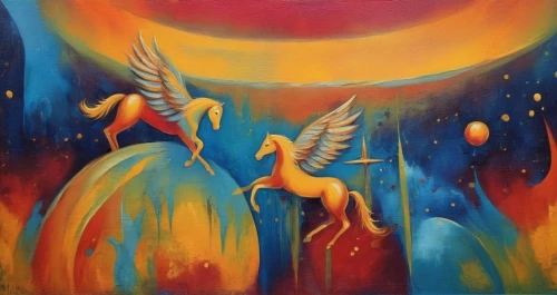 pegasus,pegasys,oil painting on canvas,pegasi,annunciation,archangels,migration,oil on canvas,oil painting,sun and moon,migrate,fire birds,vivants,khokhloma painting,the annunciation,unicorn art,correcaminos,mostovoy,cherubim,fenix,Illustration,Vector,Vector 16