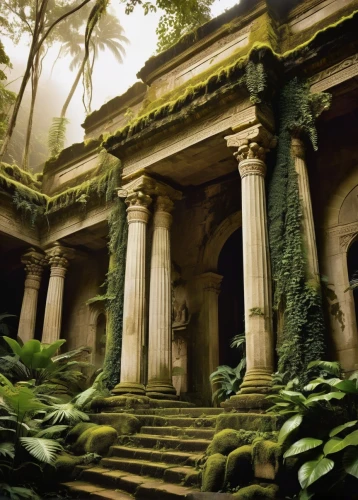 artemis temple,marble palace,mausoleum ruins,pillars,water palace,house with caryatids,fernery,kykuit,philodendrons,glyptotek,stone palace,peristyle,chhatris,ancient buildings,doric columns,yavin,columns,cistern,the old botanical garden,columnas,Illustration,Retro,Retro 21