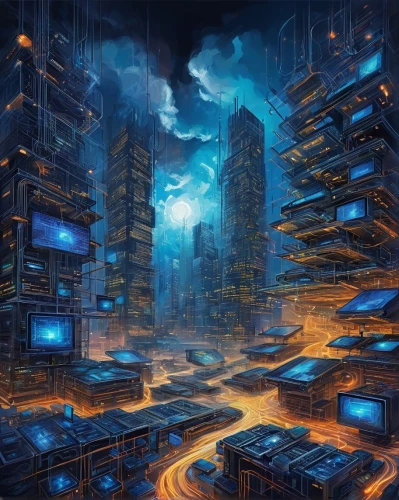 cybercity,cybertown,cyberia,metropolis,cyberport,cityscape,cyberpunk,dystopias,cyberscene,dystopian,synth,fractal environment,dystopia,cyberworld,fantasy city,cybernet,destroyed city,technophobia,digitalism,hypermodern,Conceptual Art,Oil color,Oil Color 22