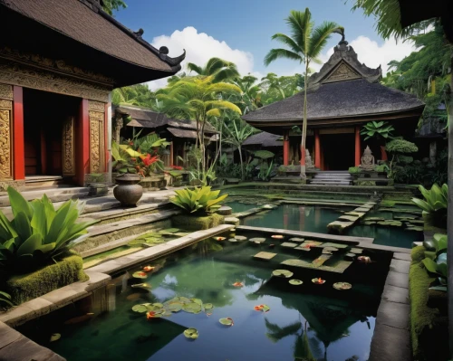 asian architecture,ubud,lotus pond,bali,garden pond,lily pond,koi pond,javanese traditional house,zen garden,balinese,fishpond,lilly pond,southeast asia,baan,indonesia,thai temple,buddhist temple,water palace,amanresorts,lotus on pond,Photography,Black and white photography,Black and White Photography 14