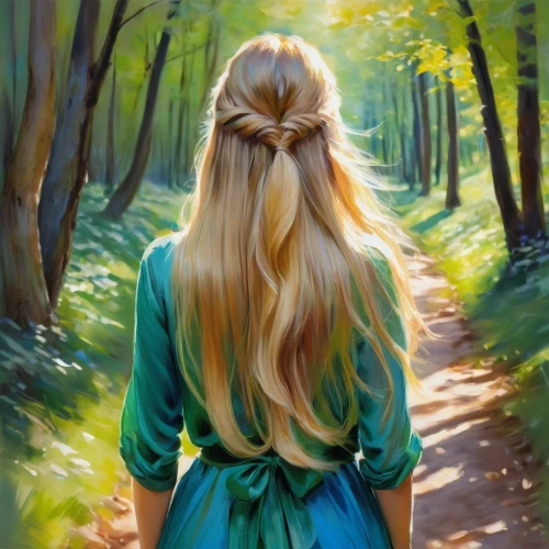 girl with tree,galadriel,girl walking away,glorfindel,finrod,eilonwy,rapunzel,forest path,digital painting,world digital painting,mirkwood,forest walk,mystical portrait of a girl,lorien,little girl in wind,ellinor,gondolin,young girl,pathway,walking in a spring,Illustration,Paper based,Paper Based 11