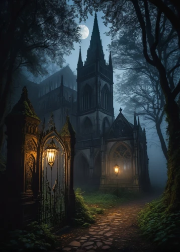 haunted cathedral,ravenloft,witch's house,gothic church,haunted house,the haunted house,witch house,ghost castle,haunted castle,gothic style,gothic,dark gothic mood,hauntings,halloween background,neogothic,halloween scene,creepy house,haunts,the black church,shadowgate,Illustration,Abstract Fantasy,Abstract Fantasy 02