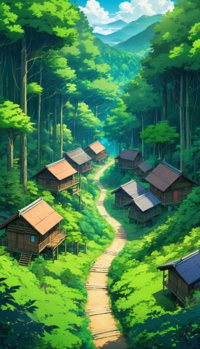 forest path,mountain village,forest,forests,landscape background,forest background,wooden houses,japan landscape,hiking path,forest landscape,huts,home landscape,wooden path,green forest,mountain huts,world digital painting,forest ground,mountain settlement,countryside,the forests,Illustration,Japanese style,Japanese Style 03