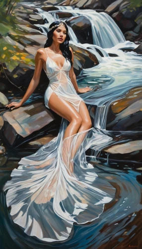 water nymph,flowing water,girl on the river,naiad,the blonde in the river,water flowing,water fall,bridal veil fall,sirene,waterfall,waterflow,flowing creek,flowing,cascading,amphitrite,water flow,oil painting,oil painting on canvas,streamside,art painting,Conceptual Art,Oil color,Oil Color 08