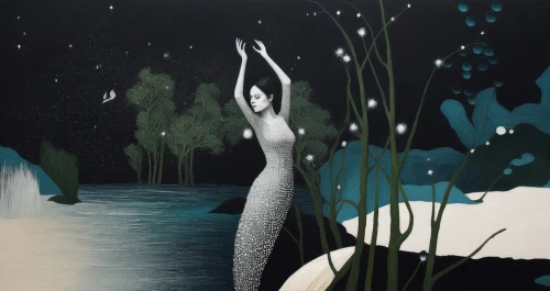 naiads,swampy landscape,black landscape,naiad,swan lake,forest of dreams,starclan,swamps,night stars,night scene,moonlit night,moomin world,birch forest,cartoon forest,the night of kupala,ice landscape,cattails,bulrushes,waterscape,enchanted forest,Illustration,Black and White,Black and White 09