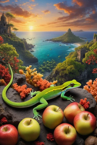 cartoon video game background,nature background,day gecko,earth fruit,frog background,apple mountain,apple world,frugivorous,exotic fruits,vegetables landscape,fantasy picture,gex,tropical fruits,full hd wallpaper,guanlong,children's background,tropical animals,frugivores,nature wallpaper,fruit picking,Photography,General,Natural