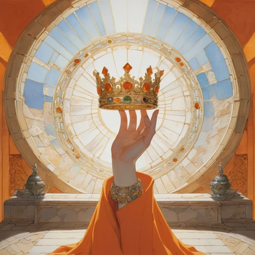 golden crown,orange robes,monarchic,reigning,the crown,the coronation,imperial crown,summer crown,sun king,crown,coronation,king crown,royal crown,queenship,queen cage,kingdom,kingdoms,crown of the place,monarchical,monarchies,Illustration,Japanese style,Japanese Style 10