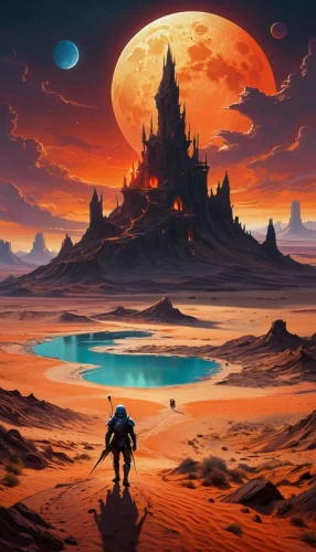 barsoom,fantasy landscape,lunar landscape,castlevania,fantasy picture,terraformer,alien planet,futuristic landscape,wildstar,3d fantasy,primordia,desert planet,fantasy world,sci fiction illustration,alien world,moonscape,fantasy art,homeworlds,fantasia,wasteland,Illustration,Abstract Fantasy,Abstract Fantasy 05