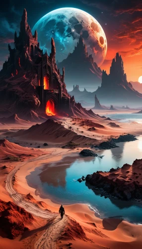 lunar landscape,fantasy landscape,volcanic landscape,barsoom,alien planet,moonscape,fantasy picture,dune landscape,desert landscape,futuristic landscape,alien world,desert desert landscape,scorched earth,fantasy art,moon valley,valley of the moon,red planet,fire planet,dune sea,landscape background,Illustration,Realistic Fantasy,Realistic Fantasy 46