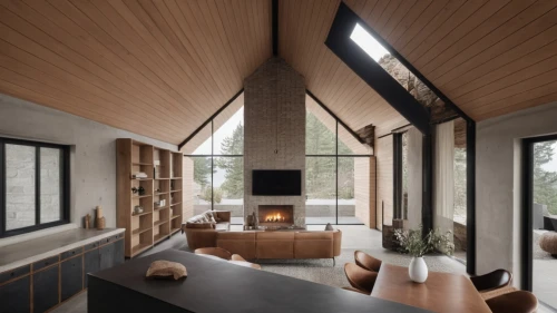 timber house,fire place,wooden beams,loft,dunes house,modern living room,mid century house,bohlin,fireplace,frame house,inverted cottage,scandinavian style,living room,interior modern design,cubic house,wood window,livingroom,home interior,modern decor,mid century modern,Photography,General,Realistic