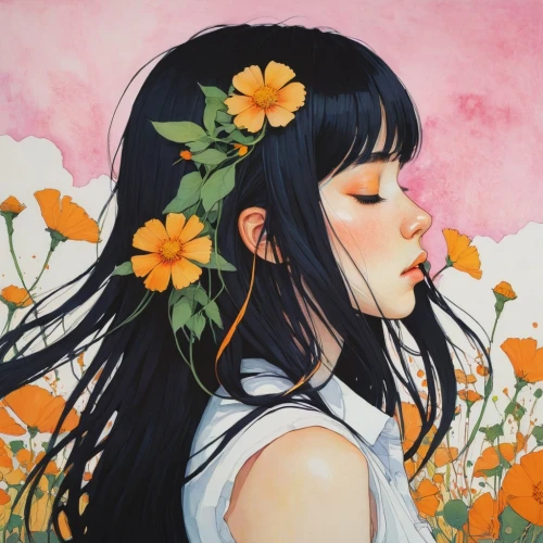 girl in flowers,orange blossom,orange petals,falling flowers,kahila garland-lily,blooming,hoshihananomia,jasinski,flower painting,bloom,orange flowers,pollinate,delicate bloom,marigold,beautiful girl with flowers,flora,girl picking flowers,flower nectar,flower girl,petals,Illustration,Paper based,Paper Based 19