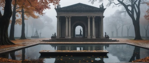 mausolea,mausoleum ruins,wishing well,autumn fog,mausoleum,necropolis,forest cemetery,vienna's central cemetery,cistern,resting place,cemetary,mausoleums,old fountain,stone fountain,mikvah,temple of diana,fountain of the moor,gazebo,moor fountain,sepulchre,Conceptual Art,Daily,Daily 14