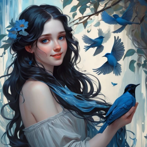 blue birds and blossom,blue butterflies,blue bird,fairie,faerie,jasmine blue,fantasy portrait,fairy tale character,blue petals,blue enchantress,faery,margaery,blue hydrangea,peignoir,fantasy art,fairy queen,flower fairy,ulysses butterfly,jasmine blossom,persephone,Conceptual Art,Fantasy,Fantasy 01