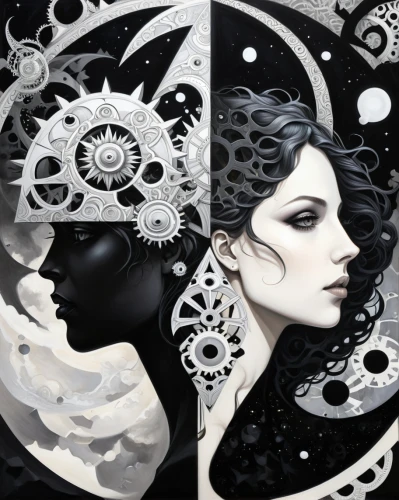 lunar phases,moon phases,yinyang,yin yang,priestesses,sun and moon,orions,opposites,celestials,vespertine,symbioses,symbolists,astrologers,celestial bodies,polarities,diptych,hesperides,sorceresses,oracles,muses,Illustration,Realistic Fantasy,Realistic Fantasy 01