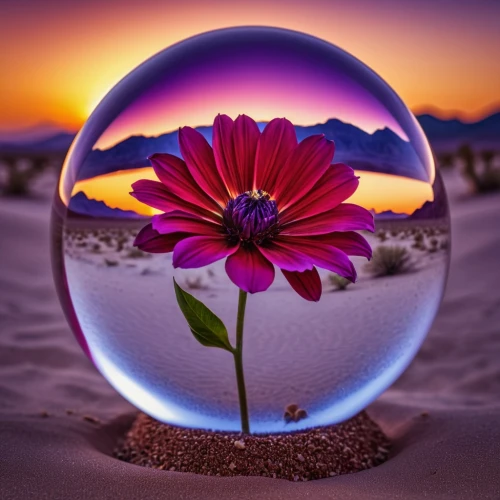 crystal ball-photography,flower in sunset,glass sphere,lensball,glass ball,crystal ball,flower ball,desert flower,flowerful desert,glass orb,reflectional,colorful glass,mirror in the meadow,cosmic flower,reflector,african daisy,lens reflection,little planet,flower background,reflectiveness,Photography,General,Realistic