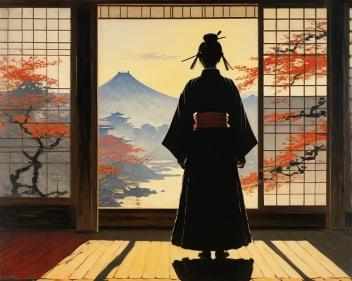 ukiyoe,hakama,samurai,cool woodblock images,sadozai,bujinkan,rakugo,michizane,kagemusha,yahiko,taijutsu,house silhouette,geisha,masamune,sanjuro,bunraku,sensei,edo,hakuseki,japanese art,Art,Artistic Painting,Artistic Painting 04