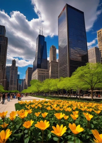 chicago,chicagoland,chicagoan,chicago skyline,dearborn,detriot,sears tower,field of flowers,spring garden,illinoian,buckingham fountain,rencen,streeterville,lakefront,dusable,illinoisan,springtime background,financial district,central park,flower clock,Illustration,Realistic Fantasy,Realistic Fantasy 32