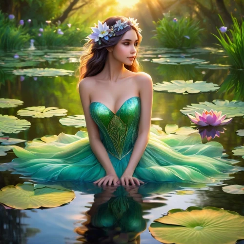 fantasy picture,faery,flower of water-lily,fairy queen,amazonica,waterlily,water nymph,fairy tale,thumbelina,faerie,fairy tale character,enchanting,water lily,fairytale,lily pad,fairy peacock,water lotus,enchanted,a fairy tale,celtic woman,Illustration,Realistic Fantasy,Realistic Fantasy 01